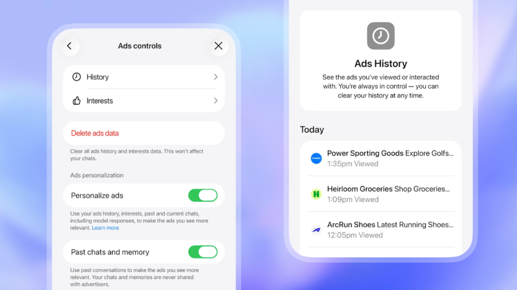 Examples of ChatGPT Ads Control Settings Interface