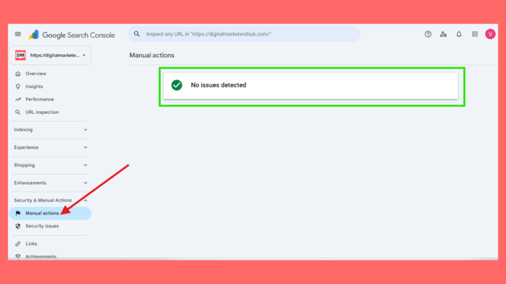 Checking the Manual Actions tab in Google Search Console for site reputation policy penalties showing no issues detected.